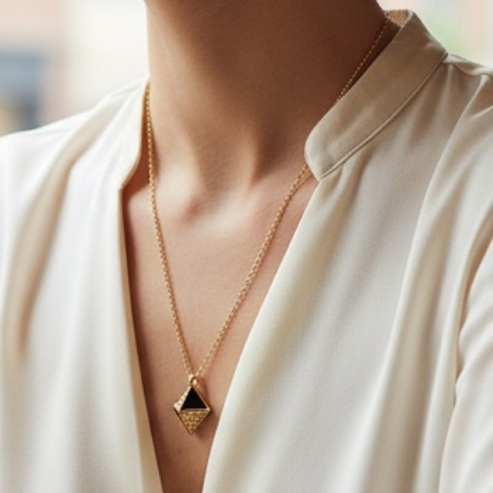 Vintage Dior Gold rhinestones, and black Triangle Pendant with chain Necklace - Picture 2 of 12